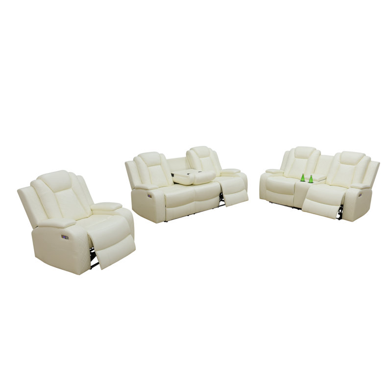 Ensemble de canapé de salon inclinable en cuir végétalien blanc 3 pièces avec porte-gobelets, charge sans fil et lumières DEL Ember