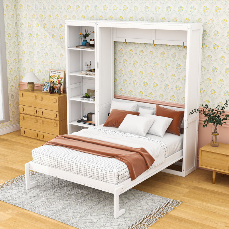 Lit escamotable en bois avec tablettes et tête de lit Goudelock, Grand, Blanc