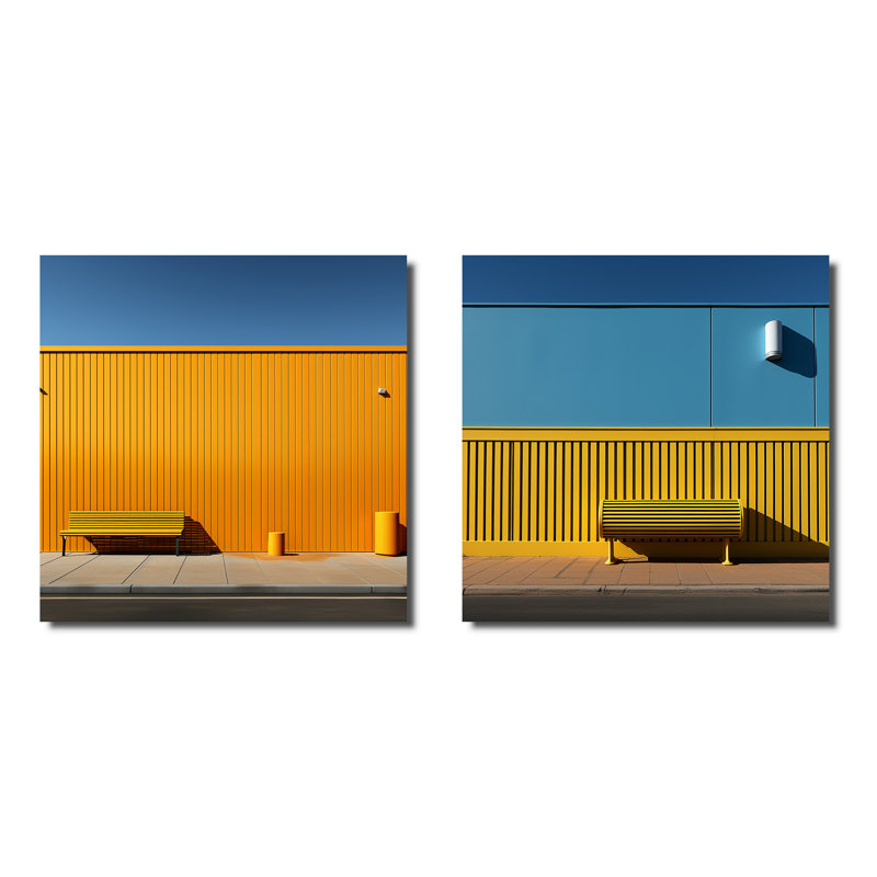Jaune et bleu ordre linéaire zen - formes abstraites carrées ensemble de 2 collages, Toile tendue, H 30 po x l 61 po