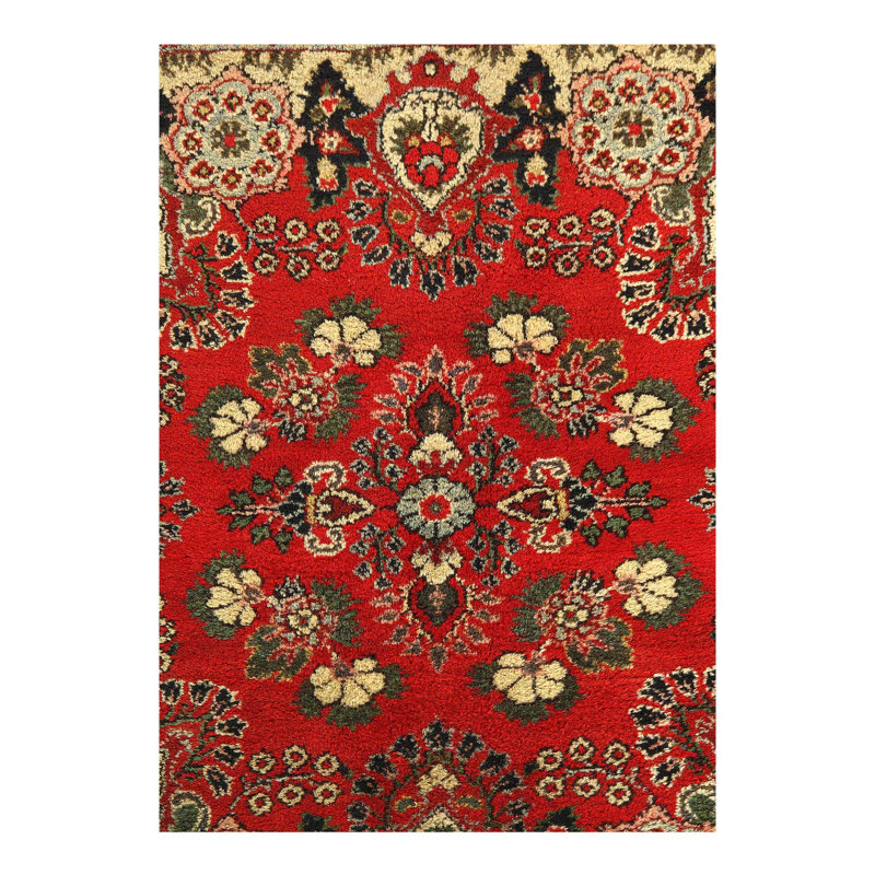 Tapis oriental rouge / beige en coton / laine 3 pi 3 po x 3 pi Romare