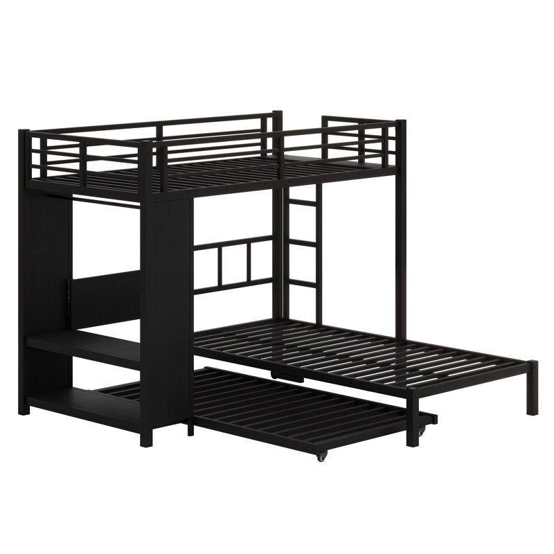 Lit superposé avec garde-robe intégrée, lit gigogne et bureau pliable, Lit superposé simple sur simple