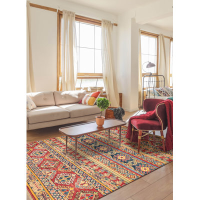 Tapis rouge en laine noué à la main de conception unique 5 pi x 7 pi 8 po New Age