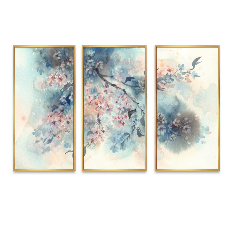 Fleur de sakura blanche sur fond bleu pastel - ensemble de 3 reproductions sur toile flottantes, H 28 po x l 36 po x P 1 po