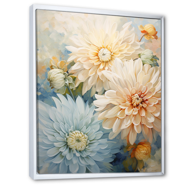 «Blooming White Mums» sur fond bleu I sur toile, Cadre flottant blanc, 32" H x 24" W