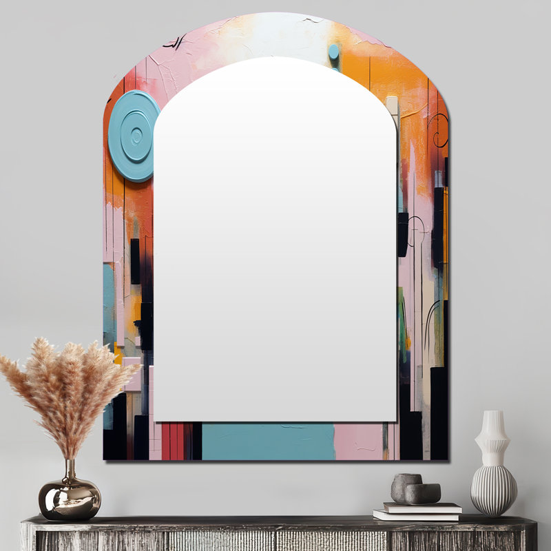 Colorful orange and blue play forms III - Geometric Asymmetrical Decorative Wall Mirror, Modern Arch Mirror, Printed Metal Art