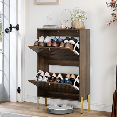Mid - Century Modern 23.6 Inch Freestanding Walnut Shoe Cabinet With Tipping Device, Diagonal Corrugated Panel And Two Flip Top Drawers Gold , Metal Legs