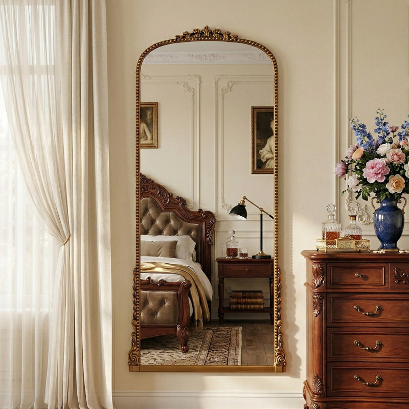 Vintage Full Length Mirror Carved Full Body Mirror with Stand, 71"x32", Gold