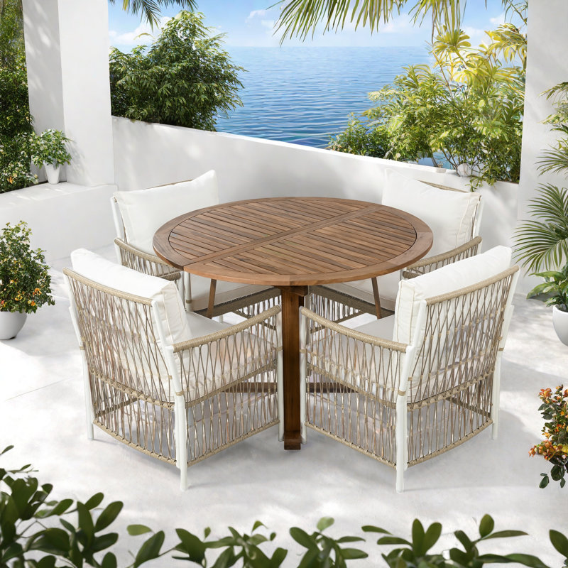 5-piece Patio Dining Table Set Included 1 Extendable Coffee Table, 4 Rattan Arm Chairs With Cushions And Iron Frame