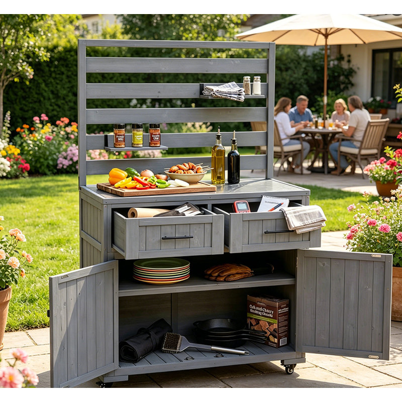 Chariot de cuisine pour îlot de cuisine en bois massif 64,9 po H 64 po, Gray