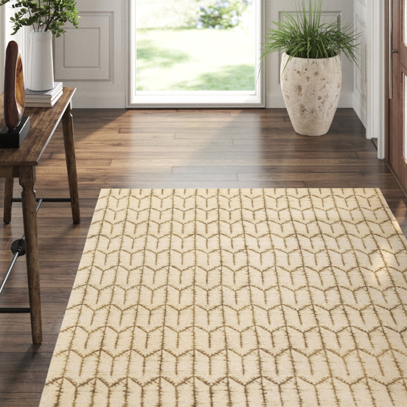 Thompson Wool Geometric Area Rug in Ivory/Brown, Rectangle 6' x 9'