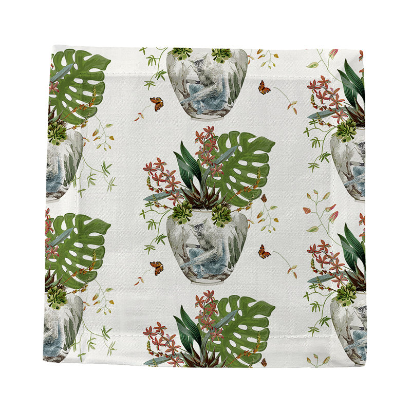 Monkey Small Jungle Cotton Sateen Cocktail Napkins, White