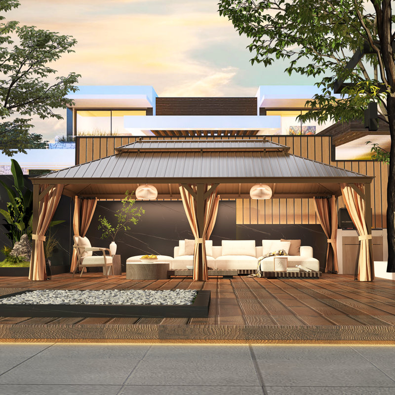 Pavillon de jardin à toit rigide 14 pi x 24 pi avec structure en aluminium à grain de bois et toit en acier galvanisé, comprend des rideaux et un filet pour la terrasse, la terrasse et la cour