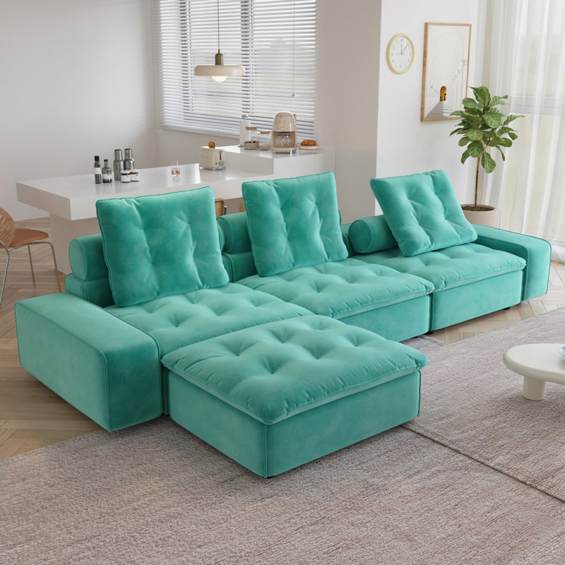 Canapé modulaire en L à 4 places Sky Cloud, Bleu Tiffany