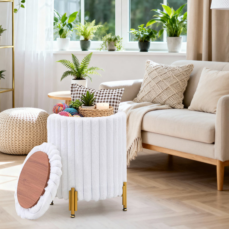 Repose-pieds rond en velours avec rangement, White