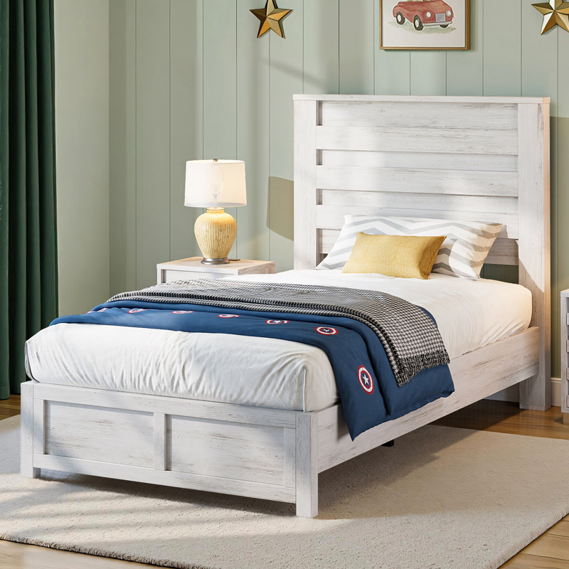 Farmhouse 2 Piece Bedroom Set, Platform Bed And 5 Drawer Dresser, Twin, White