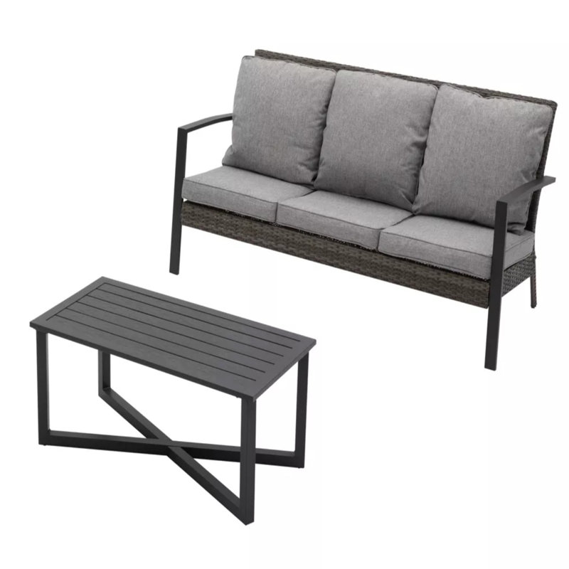 2-Piece Wicker Patio Conversation Set with Gray Cushions & Coffee Table