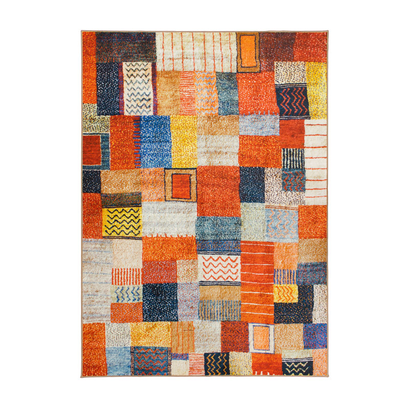 Multicolor 5' x 7' Synthetic Flat Woven Patchwork Rug