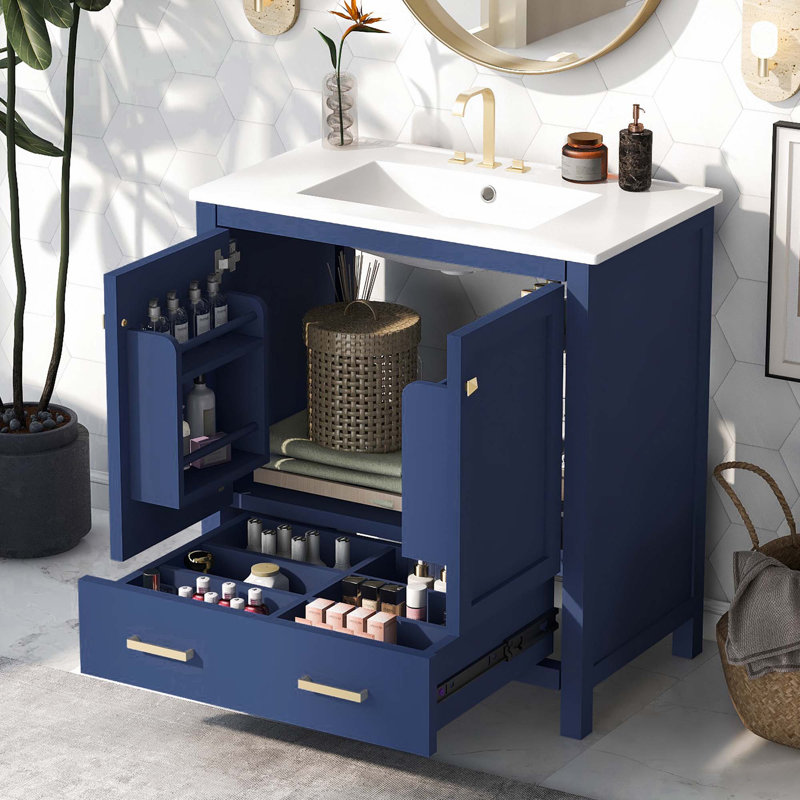 Simpert 30'' Single Bathroom Vanity with Solid + Manufactured Wood Top, Blue