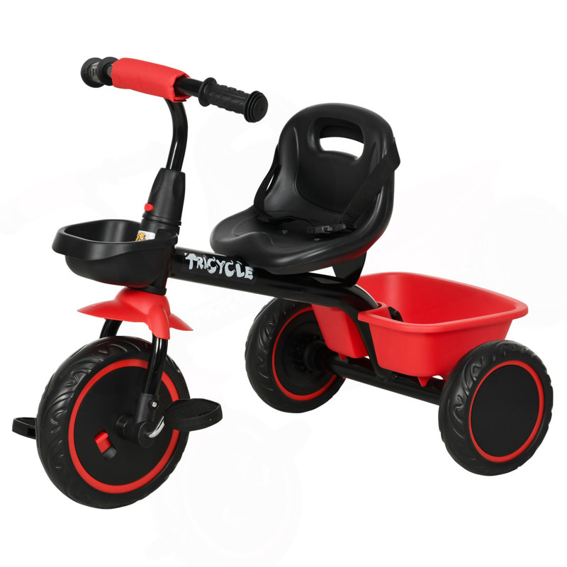 Tricycle pour tout-petits de 2 à 5 ans Qabo avec siège réglable, vélo pour tout-petits avec paniers de rangement pour filles et garçons, rouge