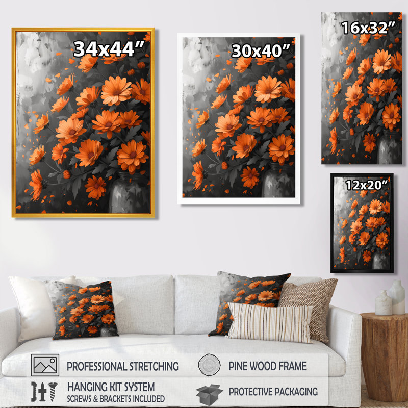  «Orange Black Autumn Blaze Mums - Mums Wall Art Living Room, Cadre doré flottant, bois massif, H 16 po x l 32 po