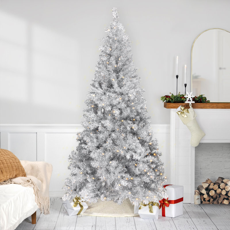 Pre-Lit Artificial Tinsel Christmas Tree - Silver, 7', Pre-Lit