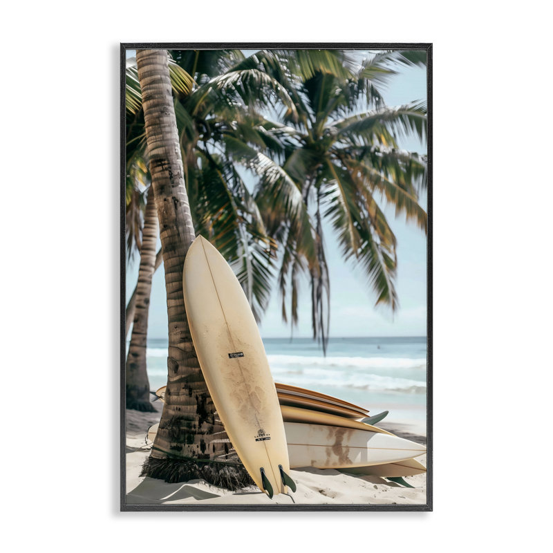 Giclée encadrée de planches de surf et de palmiers empilées, design par LSR Design Studio, Giclée encadrée noir minuit