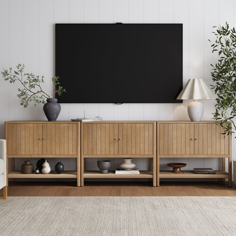 Wood Accent Cabinet Or TV Stand With Open Seagrass Storage, Brown