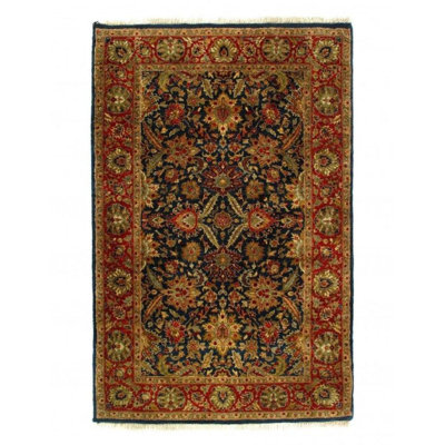 Tapis oriental en laine / coton bleu / brun / rouge 4 pi x 6 pi 3 po Oriental