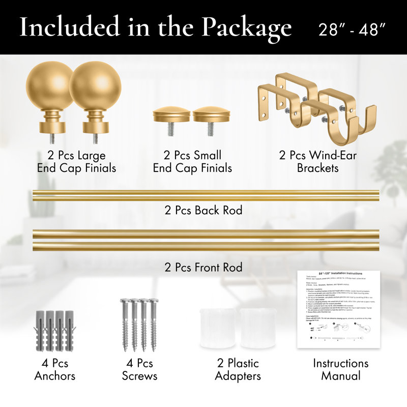 Gold Adjustable Double Curtain Rod with Ball Finials, 28"-48"