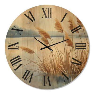 Lakeside Reed Grass II - Beige Cottage Silent Non-Ticking Wall Clock, Printed on Wood