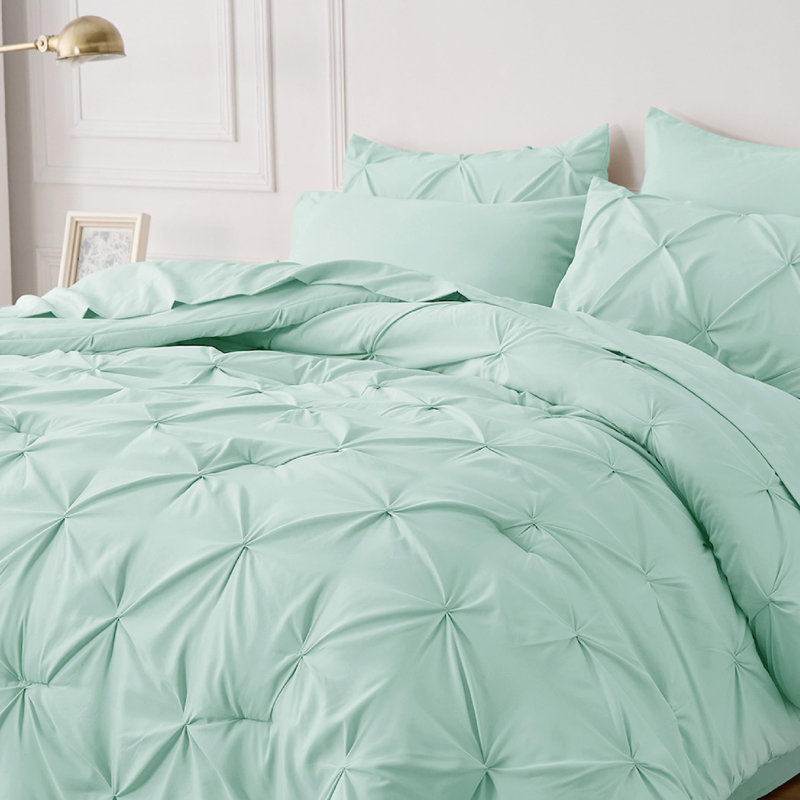 Bedsure King Burgundy Pintuck Bed-in-a-Bag - Mint Green Pinch Pleat Comforter Set with Sheets, Pillowcases & Shams (Set of 7)