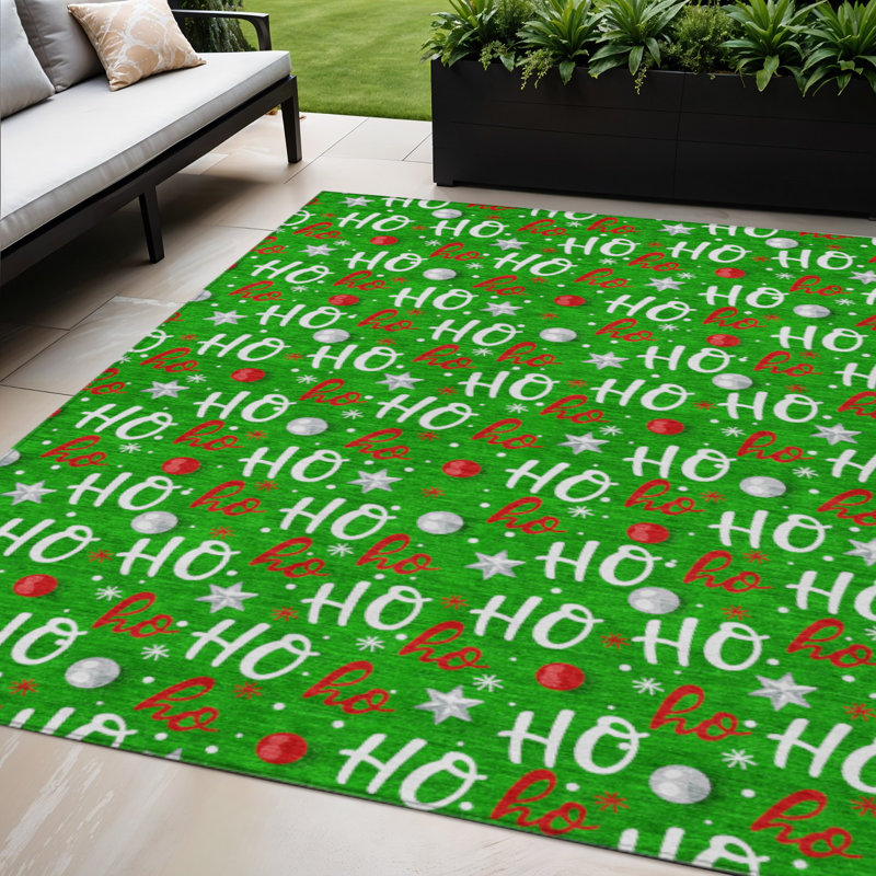 Tapis intérieur/extérieur lavable vert, blanc et rouge « Ho Ho Ho » de 152 x 244 cm