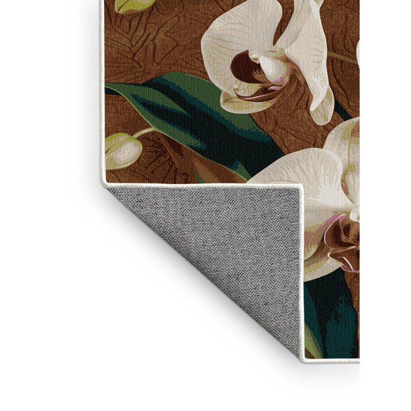 Tapis botanique beige lavable à la machine, Rond 5 pi