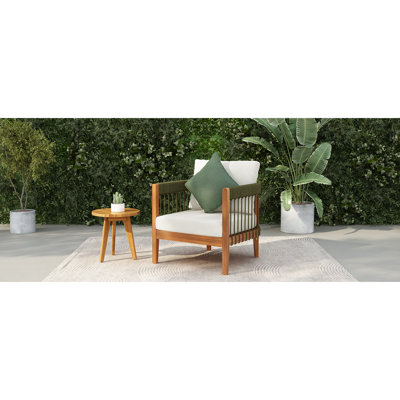 Fauteuil club d'extérieur en bois avec accents de corde tissés à la main, coussins résistants aux intempéries et à faible entretien - eau pour jardin de porche, profondeur de 27,87 po, corde de patio de 28,97 lb, conception de baignoire ergonomique amovible