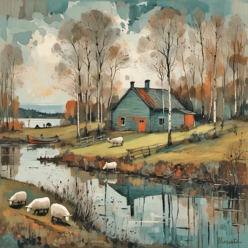Autumn Reflections Farmhouse - Art mural sur toile tendue, H 12 po x l 12 po