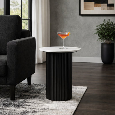 Odera Modern Round Marble Top End Side Table With Mango Wood Base For Living Room - Modern Fluted Accent For Narrow Space Styling