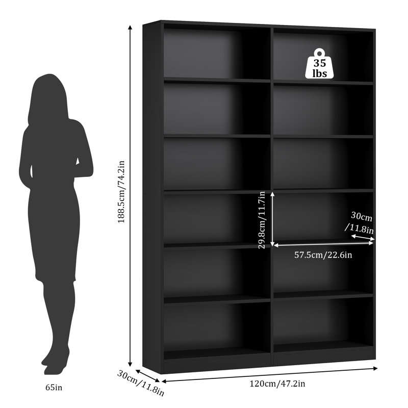 74.3"H X 47.2"W Wood Double 6-Tier Standard Bookcase