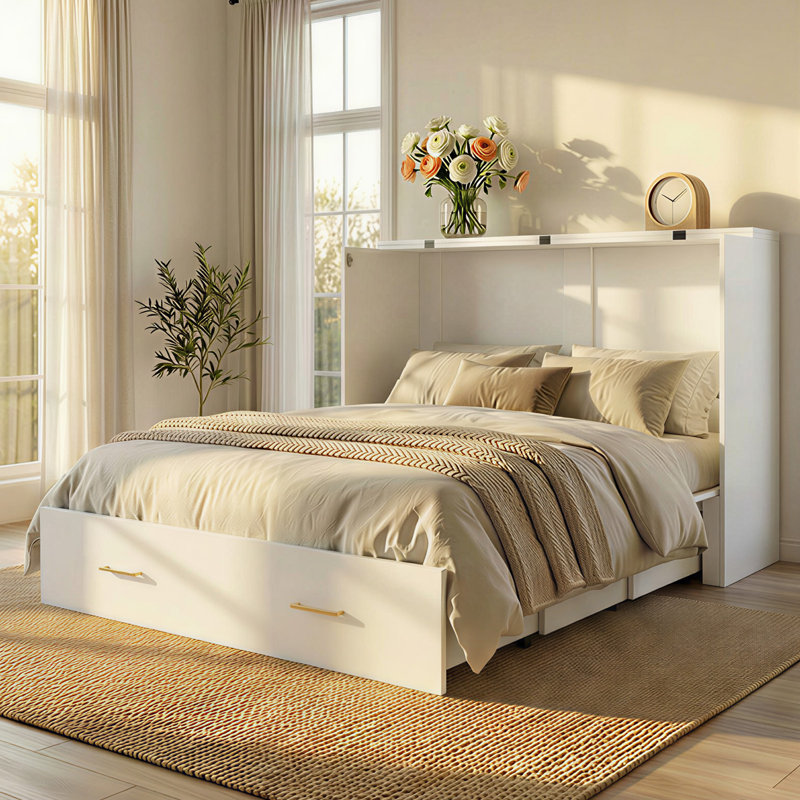 Armoire pour grand lit escamotable avec lumières DEL rgb et tiroir, blanc brillant, White