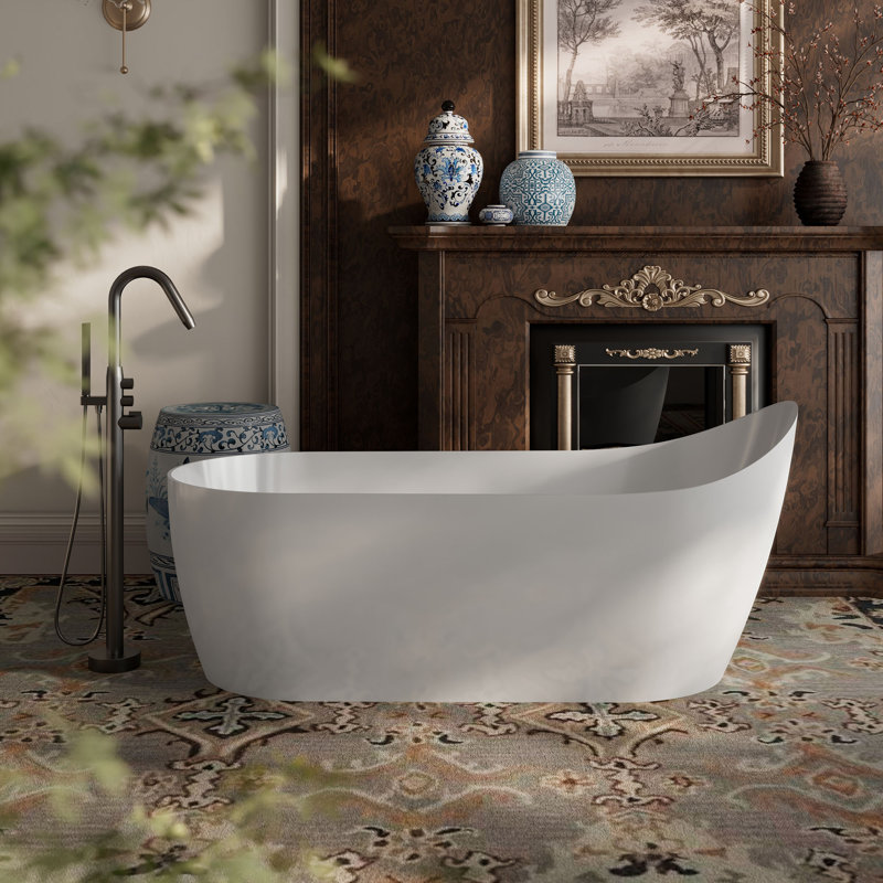 Baignoire de trempage autoportante blanche en acrylique avec trop-plein et bonde escamotable 67 po x 31,5 po MonBlari
