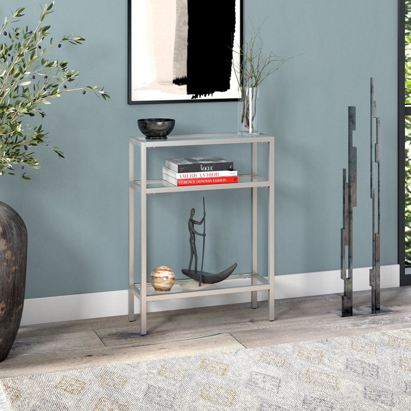 Ceno Glass Top Console Table, Satin Nickel, 29.5" H x 22" W x 8" D