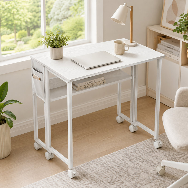 Bureau d'ordinateur pliant blanc portable avec pochette de rangement et tablette; un bureau roulant conçu pour les bureaux à domicile dans des espaces de vie compacts.