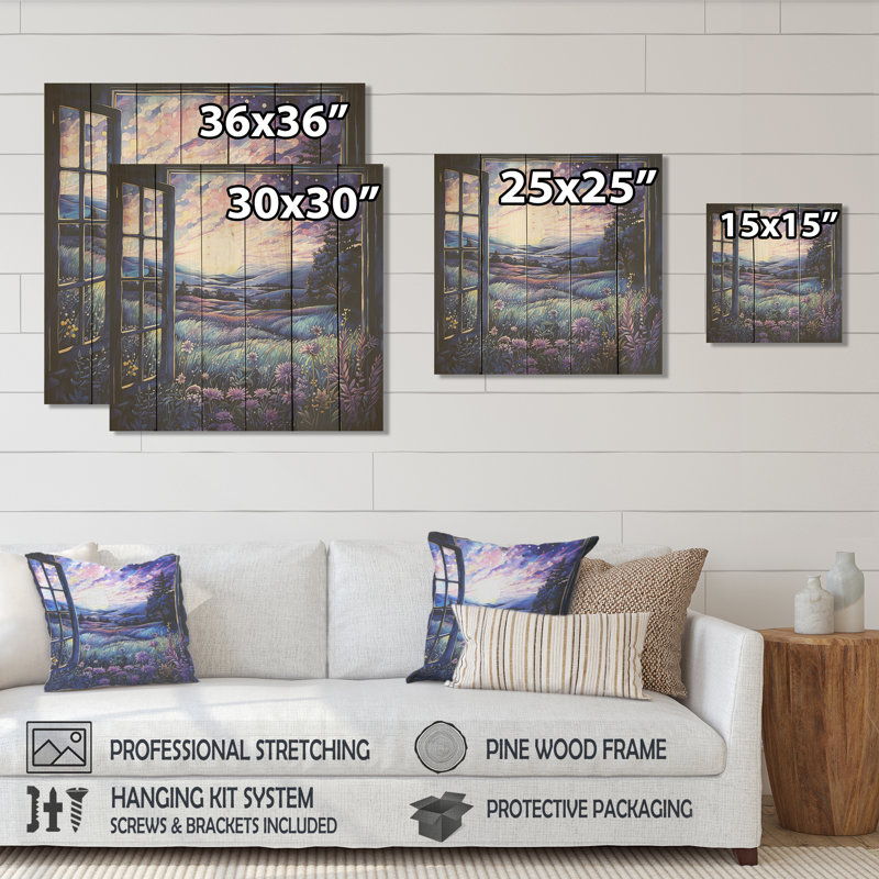 Lavande Horizon Country Side Windows IV - Fenêtres de ferme sur impression sur bois, H 15 po x l 15 po