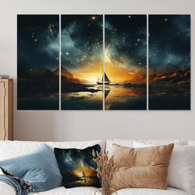 Coucher de soleil au clair de lune au bord de la lune - Minimalisme côtier, art mural 4 pièces