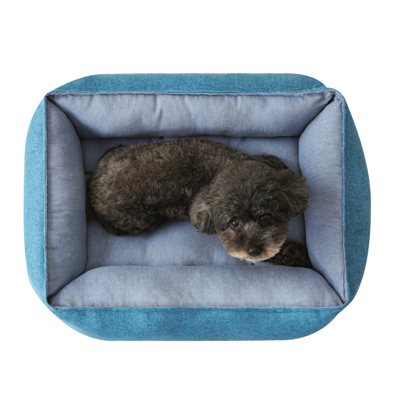 Blue Linen Rectangle Pet Bed with Bolster Cushion