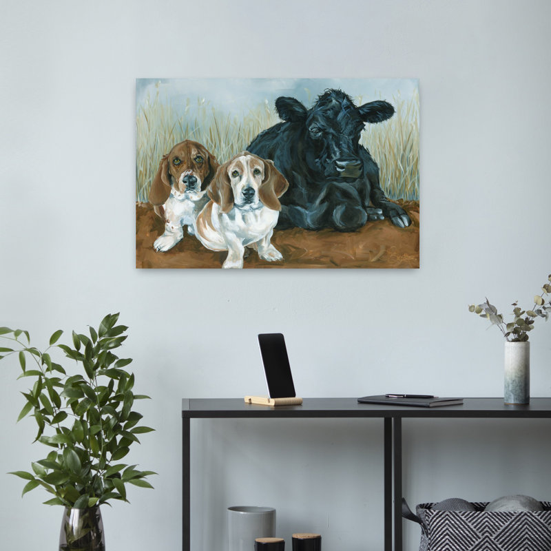 Angus et les chiens, art contemporain de la vache, H 16 po x l 24 po