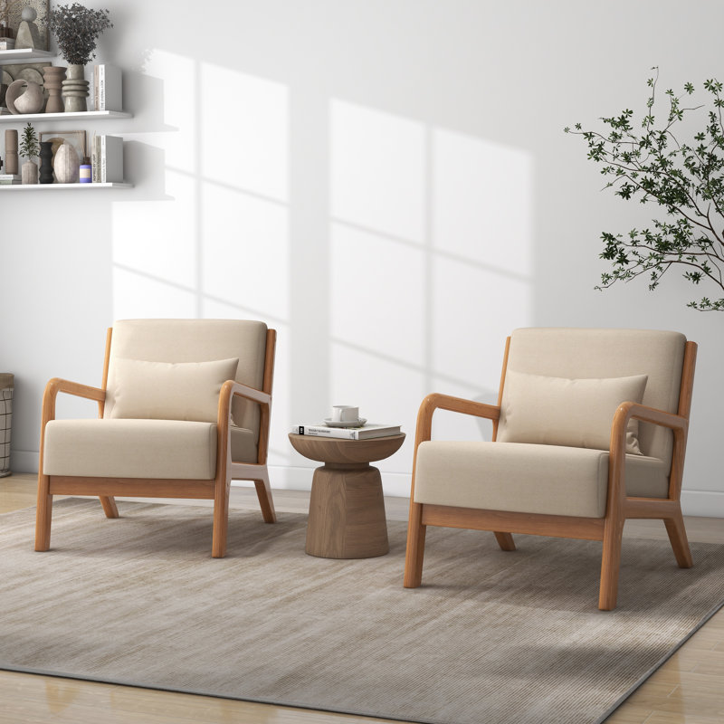 Upholstered Cotton Armchair, Beige Polyester Blend, Natural Wood