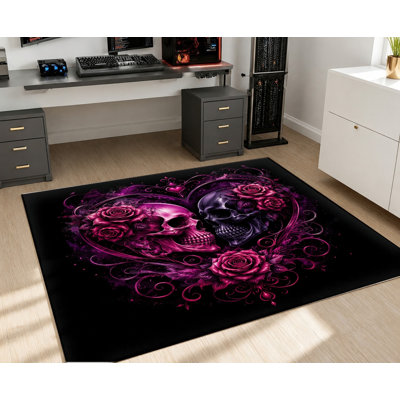 Tapis gothique à têtes de mort roses, rose foncé et rose foncé avec motif de petits crânes, artistique gothique romantique, lavable à la machine, envers antidérapant, élégant tapis d'intérieur pour le salon, la chambre à coucher, le coin-détente, appartement