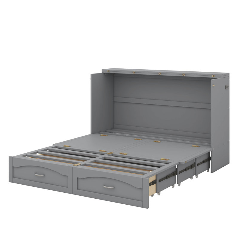Grande armoire-lit escamotable en bois avec tiroir de rangement, ports USB et ports de charge, Gris