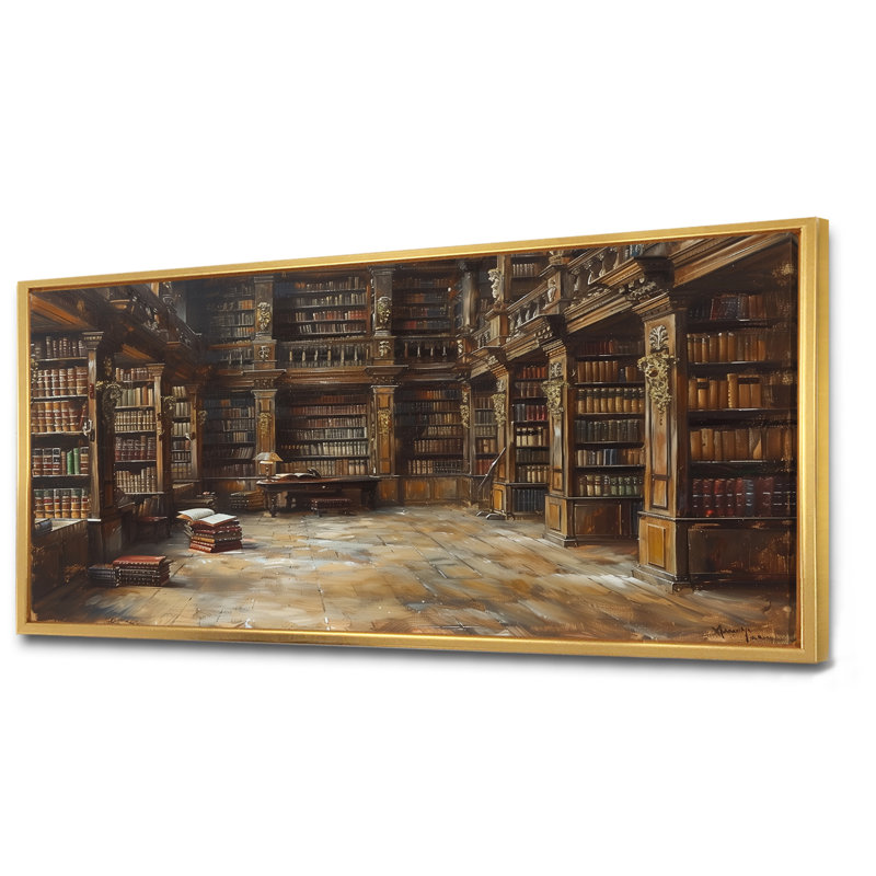 Impression d'art mural brun et beige rétro - Bibliothèque II, Cadre flottant doré, H 28 po x l 60 po