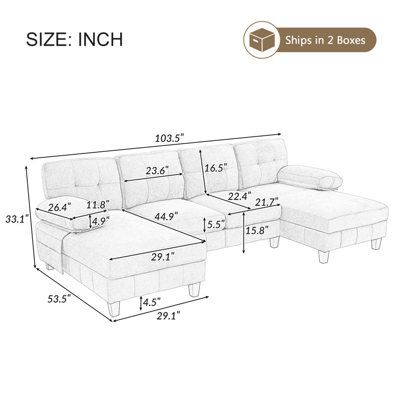 Canapé modulaire en U en chenille de 103,5 po avec double méridienne, poches de rangement et coussins d'accoudoirs pour le salon